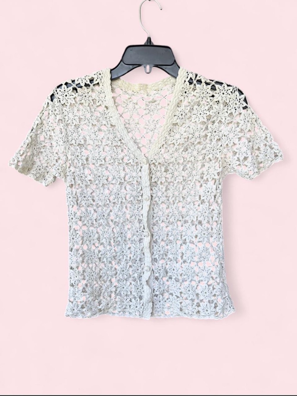 Delicate handmade Lace Crochet Button-Front Top - Cream